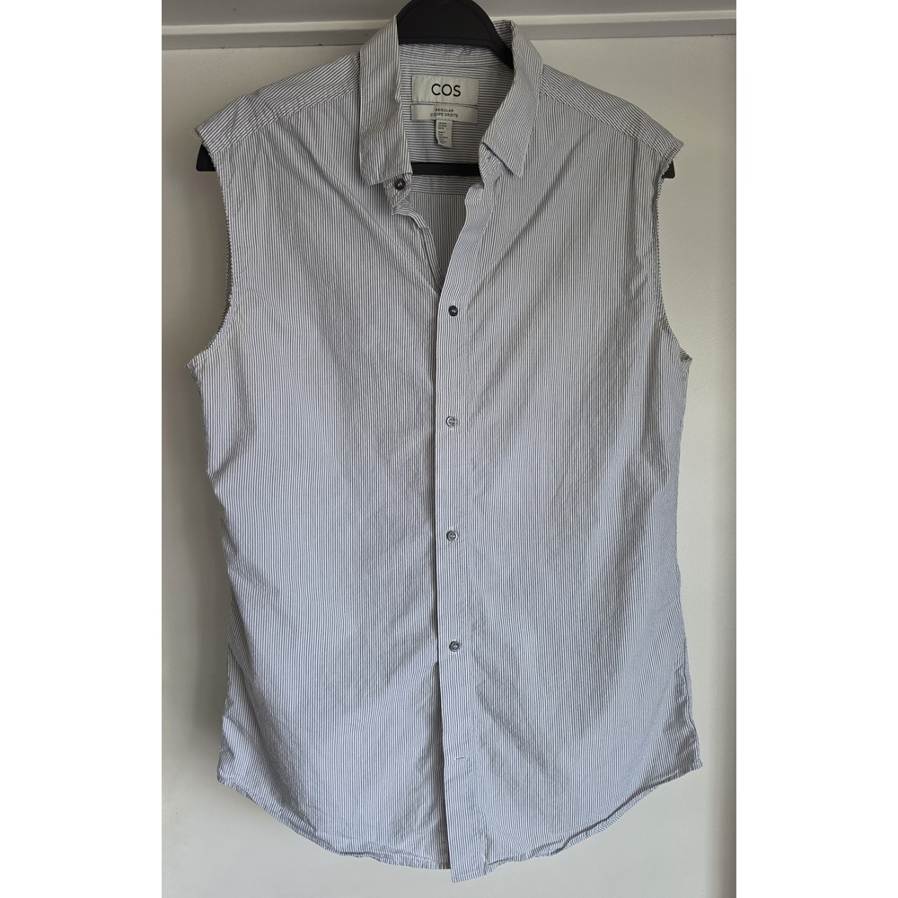 COS Button-Down Shirt Men Size 15 3/4 Striped White Blue Cotton Minimalist